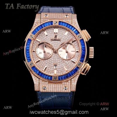 Hublot Big Bang Rose Gold Diamonds Swiss Replica Watches With Blue Diamond Bezel 1