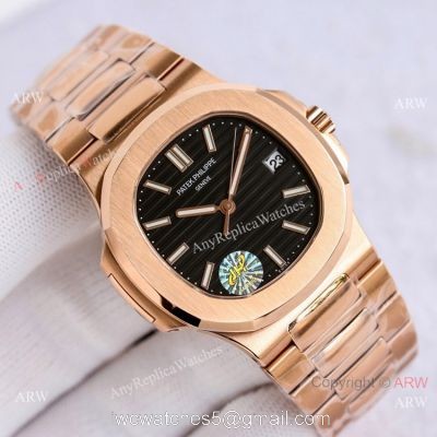 Swiss Copy Patek Philippe Rose Gold Black Dial Nautilus Watch PPF Cal.324 40mm 1