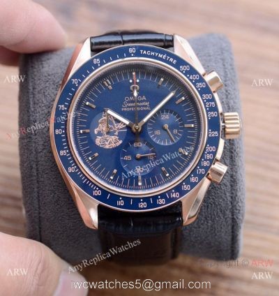 New! Copy Omega Speedmaster Apollo Chronograph Watch Black Leather Strap 1