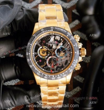 Best Replica Rolex Daytona Skeleton Montoya Yellow Gold Swiss 4130 Carbon Watch 1