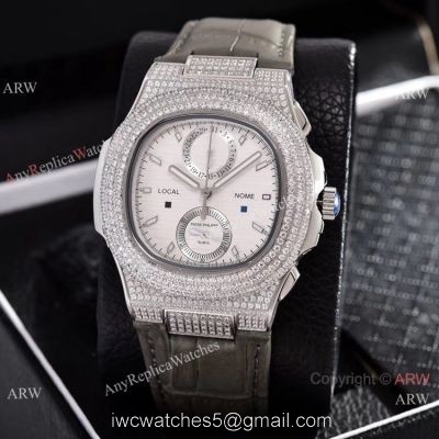 Japan Grade Patek Philippe Nautilus Diamonds Watches Gray Leather Strap 1
