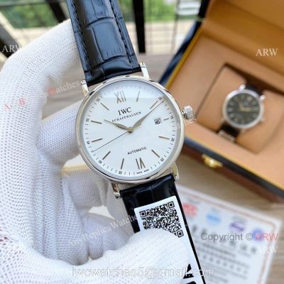 Knock off IWC Portofino Automatic Watches White Dial Black Leather Strap 1