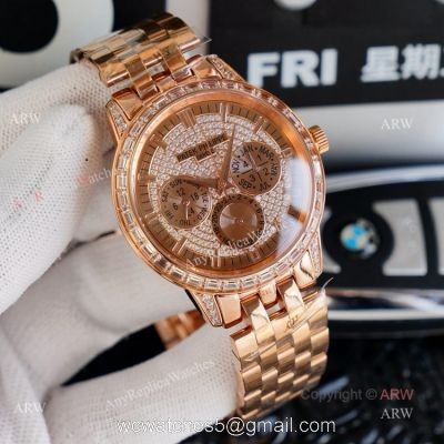 Swiss 9100 Patek Philippe Baguette Diamond Rose Gold Watch Replica 41mm 1