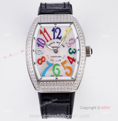Best Replica Franck Muller Vanguard Diamond Watch For Women With Black Leather Strap 1