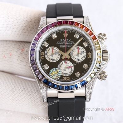 Swiss Replica Rolex Rainbow Daytona Black Face With Diamonds Oysterflex Strap Watch 1