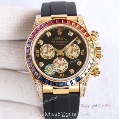 New Gold Rolex Daytona Rainbow Diamond Bezel Black Dial With Diamonds Watch Replica 1