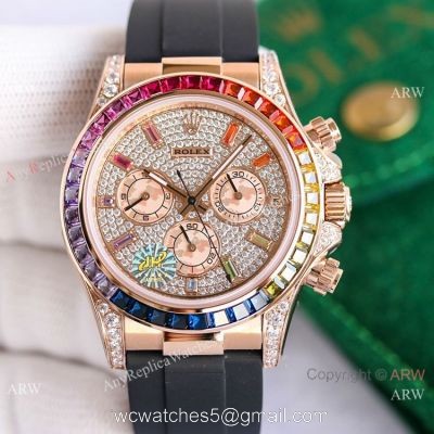 Swiss 7750 Rolex Rainbow Daytona Rose Gold Diamond Dial Rubber Strap Watch 40mm 1