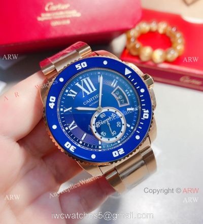 New! Replica Cartier Calibre de Quartz Watches Rose Gold Blue Bezel 1