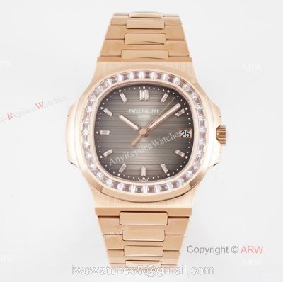 (PPF) V4 Version Swiss Replica Rose Gold Patek Philippe Nautilus Diamond Watches With Gray Dial 1