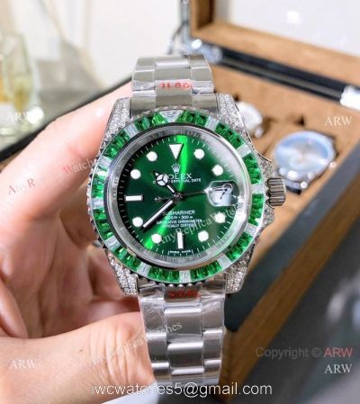 Nice Quality Copy Rolex Submariner Green Diamond Watches 40mm 1