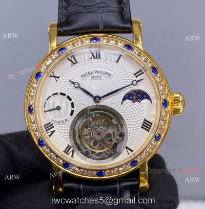 Super Clone Patek Philippe Tourbillon Moon phase Diamond Watch Gold Power Reserve 1