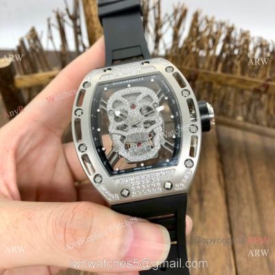 Luxury Replica Richard Mille Diamond Skull RM52-01 Watches Black Rubber Strap 1