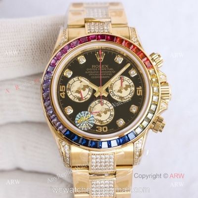 Swiss Replica Rainbow Rolex Daytona Gold With Black Diamond Dial Rolex Oyster Band With Diamonds 1