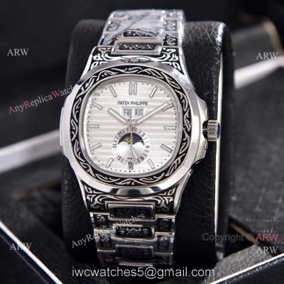Copy Patek Philippe Nautilus Annual Calendar Watches Silver Dial Engraving Case 1