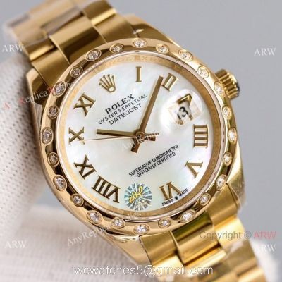 Swiss AAA Replica Rolex Datejust Gold Oyster Watch 31mm White MOP Dial 1