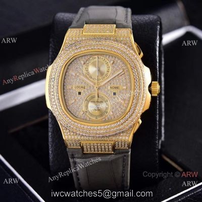Copy Patek Philippe Nautilus Chrono Watches Full Diamonds Leather Strap 1