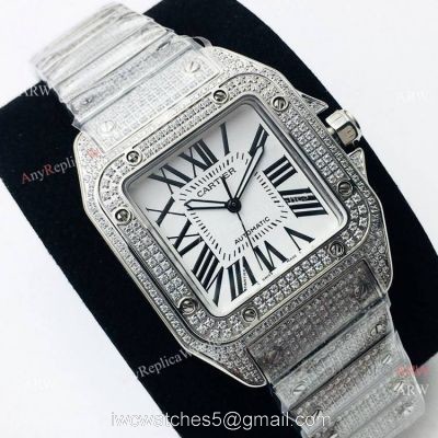 Best Copy Iced Out Cartier Santos Watch Automatic Cartier Santos 100 Diamond Watch 1