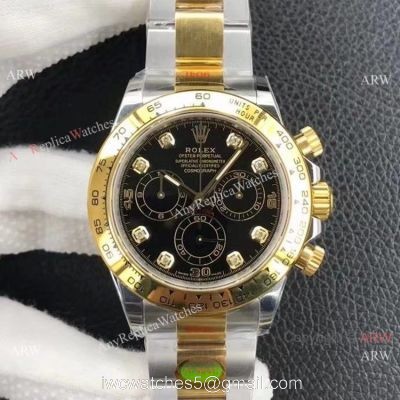 Custom Edition AAA Replica Rolex Daytona 1:1 Noob Factory 4130 Two Tone Black Diamond 1