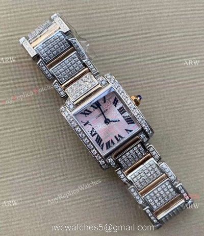 Best Copy Cartier Tank Francaise Small Watch Iced Out Case Pink Dial 1