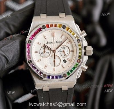 Copy Audemars Piguet Royal Oak Rose Gold 42mm Rainbow Bezel Watch White Dial 1
