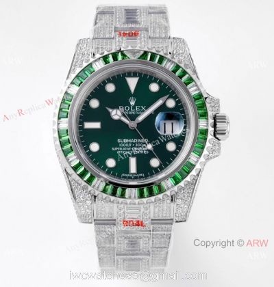 Swiss Grade Clone Rolex Iced Out Submariner Watch Swiss 3135 Green Dial 1