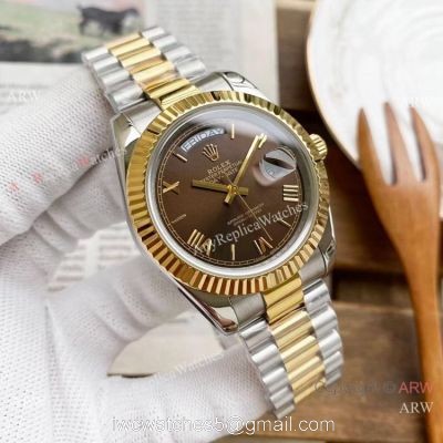 Copy Rolex Day Date 40mm Watches Chocolate Dial Two Tone Presidential Band 1