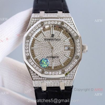 Diamond Audemars Piguet Royal Oak 15400 Watch With Black Leather Strap Best Replica 1