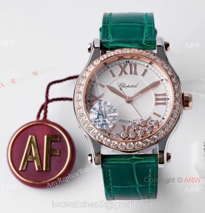 AF Factory Chopard Happy Sport 36mm Watch Rose Gold Bezel Green Leather Strap 1