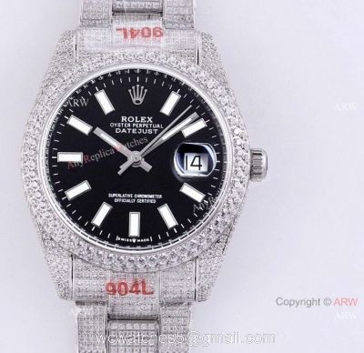 Fully Iced Out Rolex Datejust 126334 Black Dial Oyster Bracelet Replica Watches 1