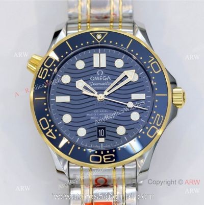 2021 Latest Swiss Omega Seamaster Diver 300M OR Factory 8800 Watch Two Tone Blue Ceramic Bezel 1