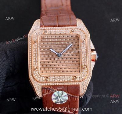 Best Cartier Santos Fully Iced Out Rose Gold Cartier Santos 100 Diamond Watch Replica 1