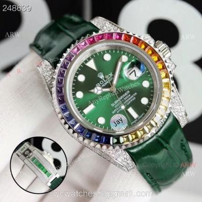 New Rolex Rainbow Submariner Green Dial Green Leather Strap High Copy Swiss Made 1