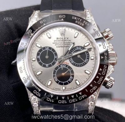 Pre-Sale Noob Factory Rolex Daytona Grey Dial Rubber Strap Swiss 4130 Watch with diamonds on the lugs 1
