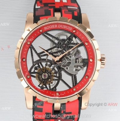 2021 New! BBR Factory 1:1 Copy Roger Dubuis Excalibur Skeleton Flying Tourbillon Watch Rose Gold Skeleton Dial 1