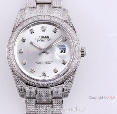 New Rolex Datejust ii 41mm Silver Dial Iced Out Rolex Diamond Watch Replica 1
