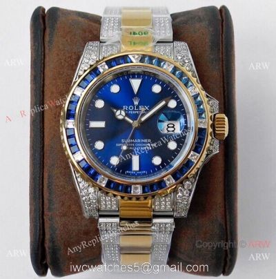 (ROF) AAA Replica Rolex Submariner Custom Luxury Watch Two Tone Royal blue Dial with Diamonds 1
