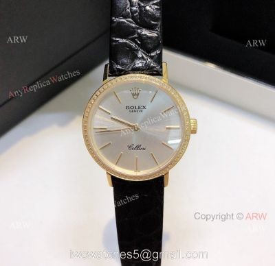 Diamond Rolex Cellini Ladies Leather Strap Yellow Gold Watch Replica 1