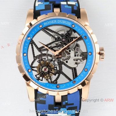 2021 New! BBR Factory Roger Dubuis Excalibur Skeleton Flying Tourbillon Watch Rose Gold Blue Rubber Strap 1