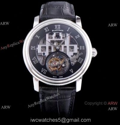 Super Clone Blancpain Fantasy Swiss Tourbillon Watch 43mm Black Leather Strap 1