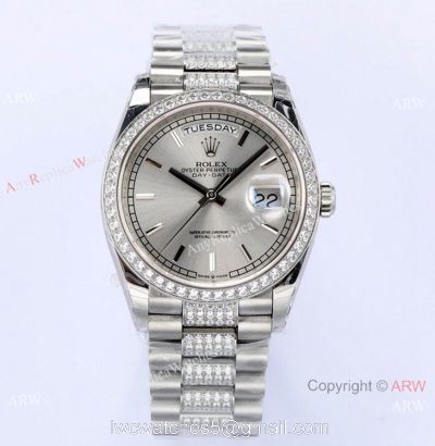 (EWF) Highest Quality Rolex Day-Date Wrist 36mm Silver Dial Center Diamond Band 1