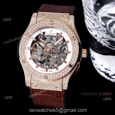45mm Hublot Big Bang Rose Gold Skeleton Watch With Diamonds For Mens Replica 1