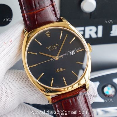 Yellow Gold Rolex Cellini Black Dial Brown Leather Strap Replica Watch 1