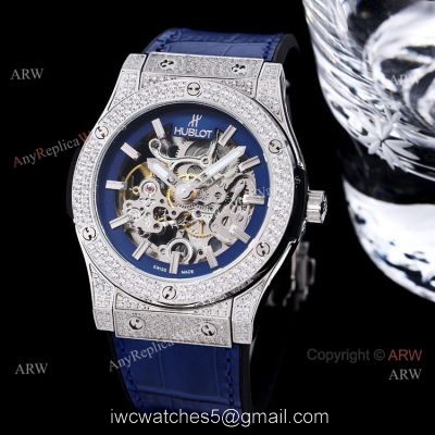 Replica Hublot Big Bang 45mm Skeleton Watch With Diamonds Blue Rubber Band For Men 1