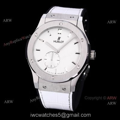 Stainless Steel Hublot Classic Fusion 42mm White Dial White Leather Strap Watch Replica 1