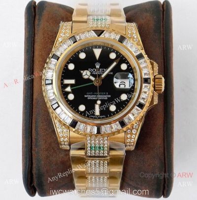 (ROF) AAA Swiss Rolex GMT-Master II Custom Watch Black Diamond Bezel All Gold 40mm 1