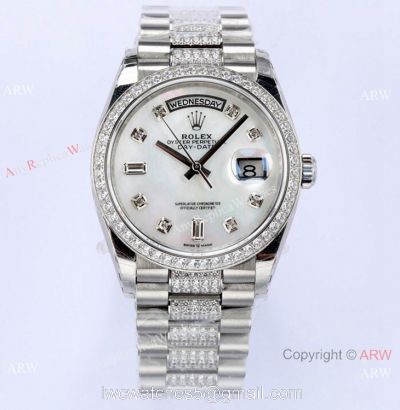 (EWF) Super Clone Swiss 3255 Rolex Day-Date 36mm Wrist White MOP Face Diamond Band 1
