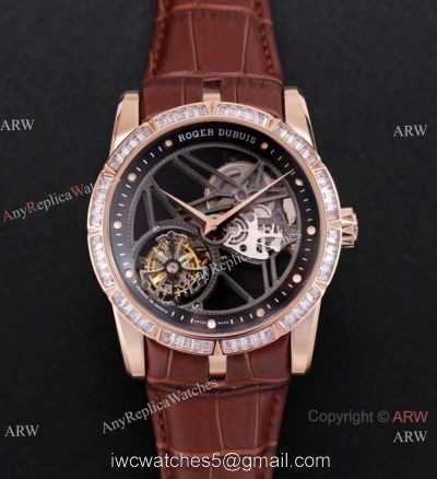 Super Clone Roger Dubuis Excalibur Skeleton Swiss Tourbillon JBF V3 Diamond Black Dial Watch Rose Gold 1