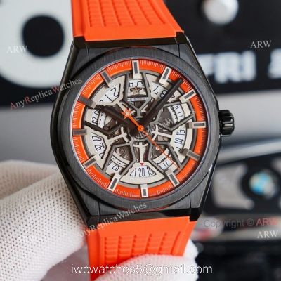 Swiss Grade Zenith Defy Classic Skeleton Dial Orange Rubber Strap High End Replica Watch 1