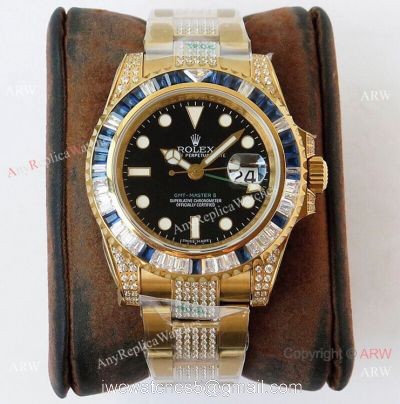 (ROF) Swiss Rolex GMT-master II Custom Luxury Watch Yellow Gold Diamond Band 1