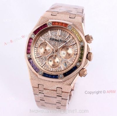 New Frosted Audemars Piguet Rose Gold Royal Oak 41mm Rainbow Diamond Watch Replica 1